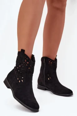 Botki Ażurowe|Botki Płaskie>Boto Botki Damskie Z Ażurowym Wzorem Na Płaskim Obcasie Eko Zamszowe Czarne Athera