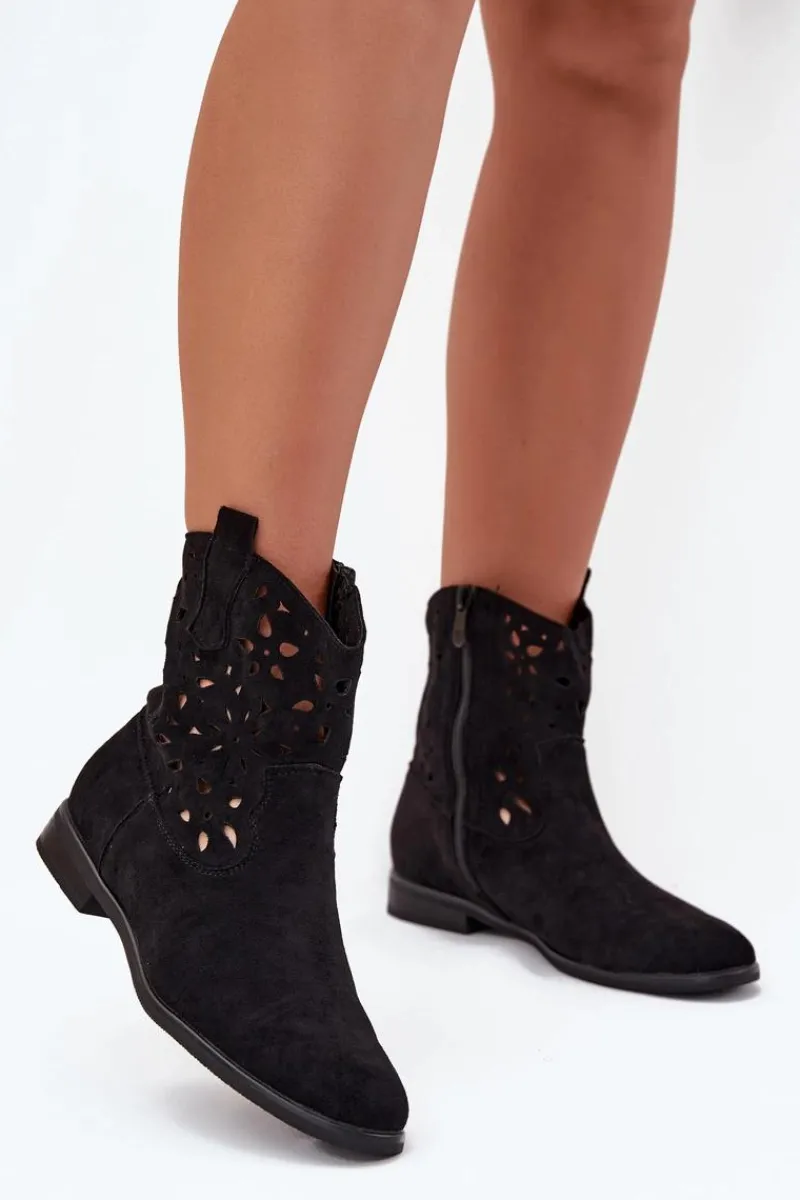 Botki Ażurowe|Botki Płaskie>Boto Botki Damskie Z Ażurowym Wzorem Na Płaskim Obcasie Eko Zamszowe Czarne Athera