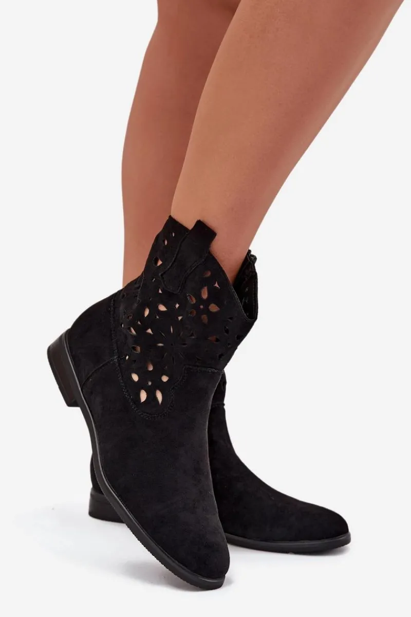 Botki Ażurowe|Botki Płaskie>Boto Botki Damskie Z Ażurowym Wzorem Na Płaskim Obcasie Eko Zamszowe Czarne Athera