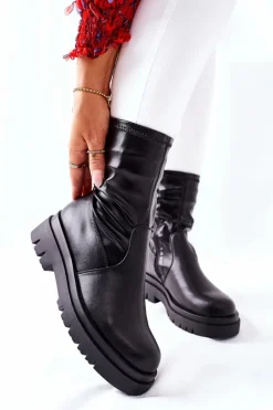 Czarne Botki|Botki Zimowe Damskie>Damskie buty S.Barski Botki Damskie Z Elastyczną Cholewką Czarne Doubler