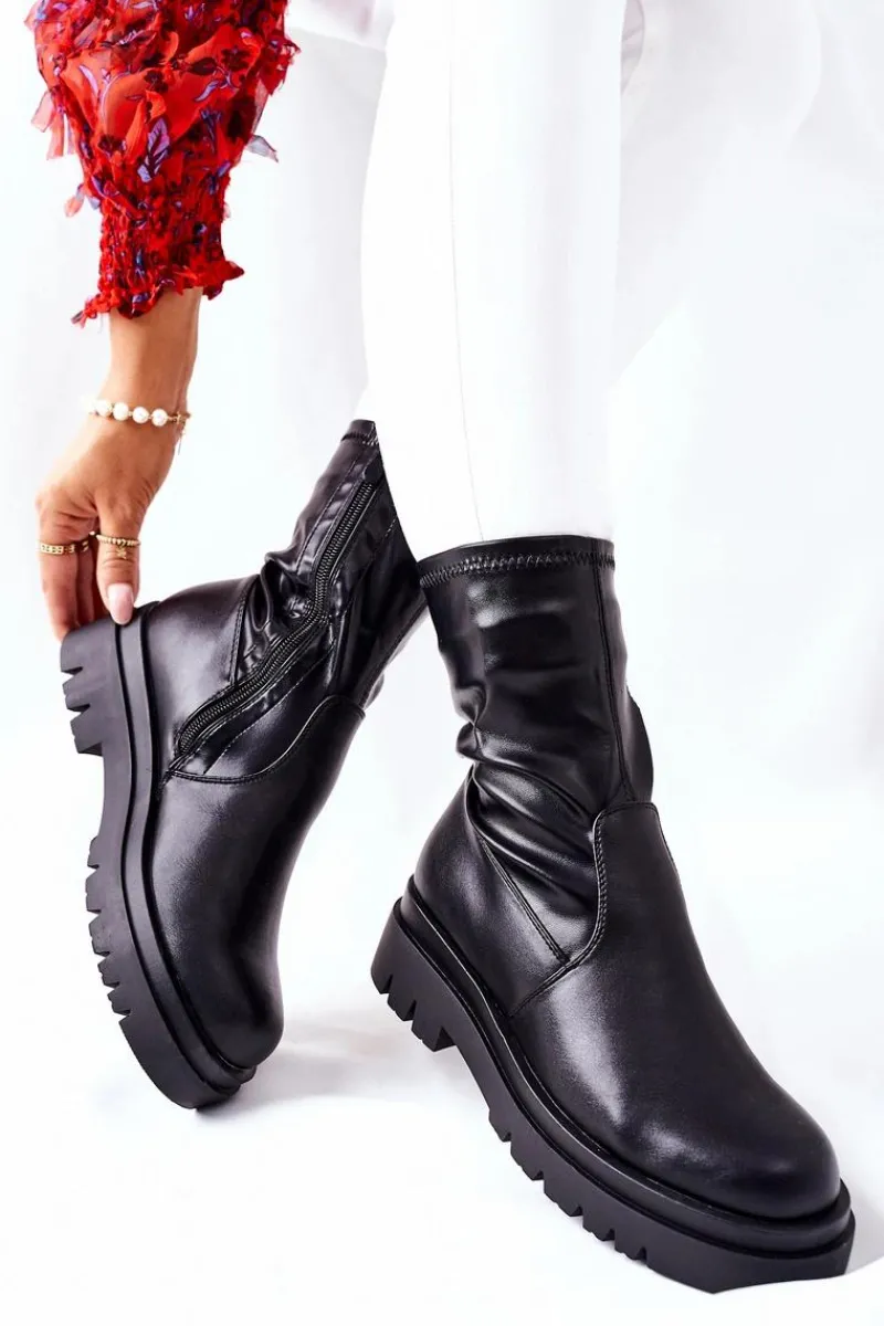 Czarne Botki|Botki Zimowe Damskie>Damskie buty S.Barski Botki Damskie Z Elastyczną Cholewką Czarne Doubler