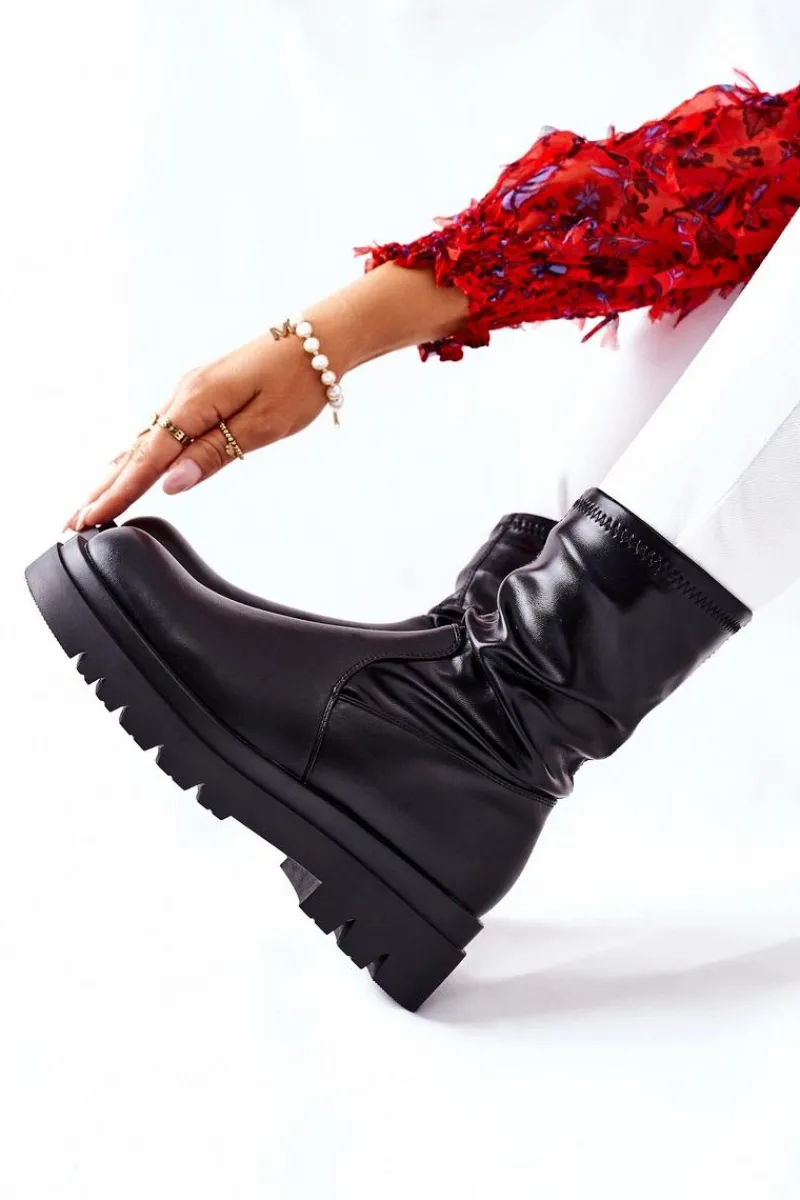 Czarne Botki|Botki Zimowe Damskie>Damskie buty S.Barski Botki Damskie Z Elastyczną Cholewką Czarne Doubler