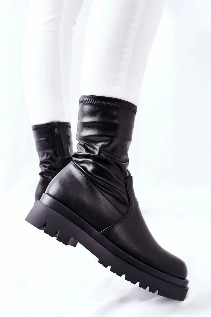 Czarne Botki|Botki Zimowe Damskie>Damskie buty S.Barski Botki Damskie Z Elastyczną Cholewką Czarne Doubler