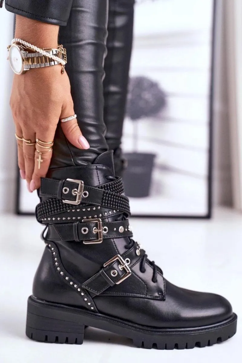 Outlet Boto Botki Damskie Z Klamrami Grunge Czarne Victory