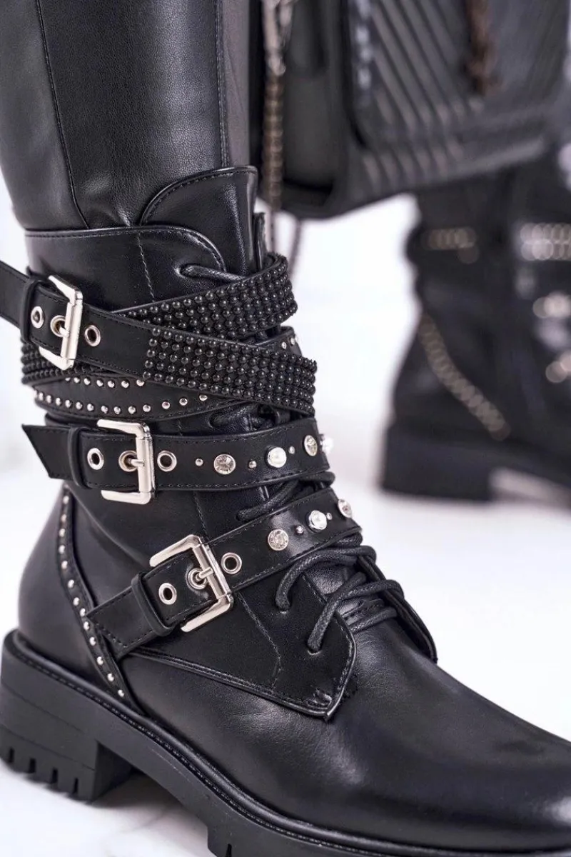Outlet Boto Botki Damskie Z Klamrami Grunge Czarne Victory