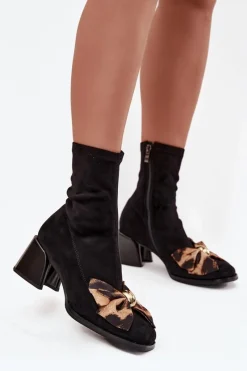 Botki Ocieplane|Czarne Botki>Damskie buty S.Barski Botki Damskie Z Kokardą Na Klocku D&A JC52-827 Czarne