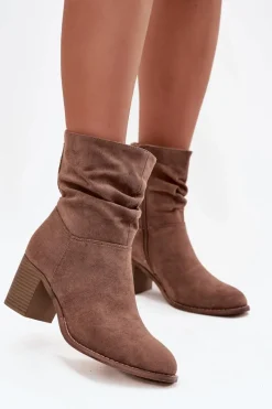 Discount Botki Damskie Z Marszczeniem Na Słupku S.Barski HY52-516 Brązowe Damskie Botki Zimowe Damskie|Botki Na Obcasie