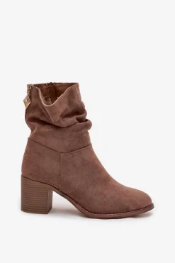 Discount Botki Damskie Z Marszczeniem Na Słupku S.Barski HY52-516 Brązowe Damskie Botki Zimowe Damskie|Botki Na Obcasie