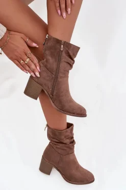 Discount Botki Damskie Z Marszczeniem Na Słupku S.Barski HY52-516 Brązowe Damskie Botki Zimowe Damskie|Botki Na Obcasie