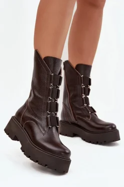 Best Zazoo Botki Damskie Z Naturalnej Skóry Na Platformie 3795 Czekoladowe Brązowy