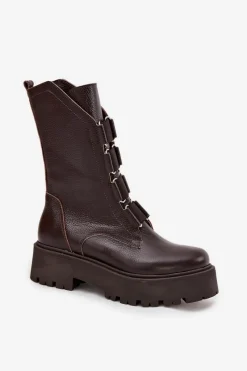 Best Zazoo Botki Damskie Z Naturalnej Skóry Na Platformie 3795 Czekoladowe Brązowy