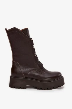 Best Zazoo Botki Damskie Z Naturalnej Skóry Na Platformie 3795 Czekoladowe Brązowy