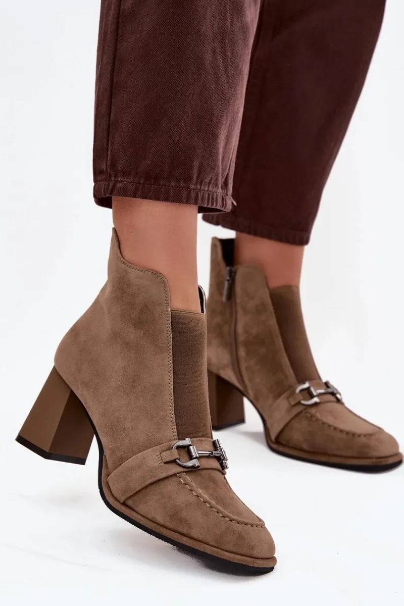 New Botki Damskie Z Naturalnego Zamszu Na Słupku 57C0221 Beżowe Damskie Botki Skórzane|Botki Na Słupku