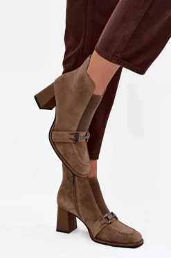 New Botki Damskie Z Naturalnego Zamszu Na Słupku 57C0221 Beżowe Damskie Botki Skórzane|Botki Na Słupku