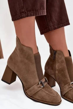 New Botki Damskie Z Naturalnego Zamszu Na Słupku 57C0221 Beżowe Damskie Botki Skórzane|Botki Na Słupku