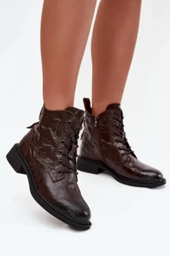 Botki Damskie Z Naturalnej Skóry Ocieplane 57C1005 Czekoladowe Damskie Botki Ocieplane|Botki Skórzane