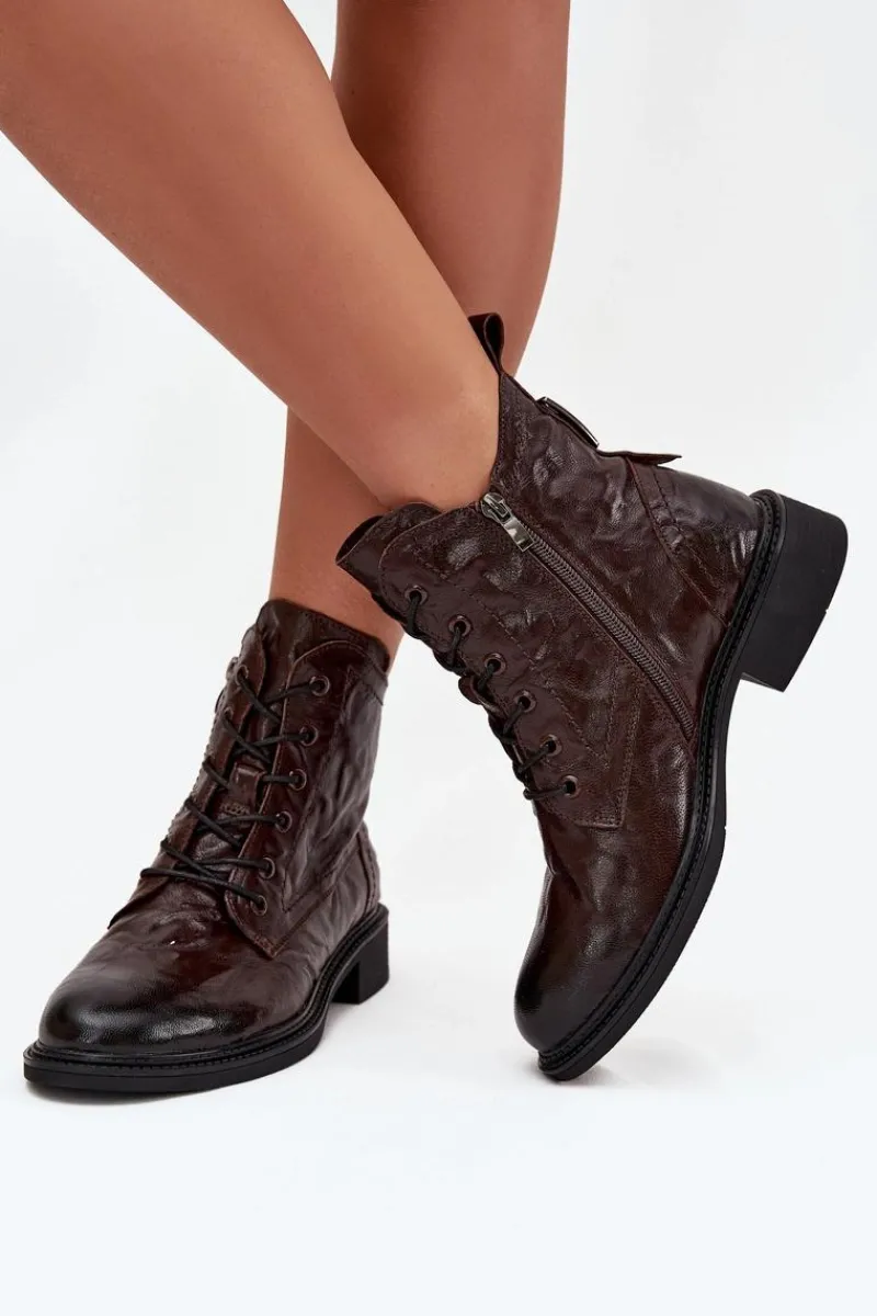 Botki Damskie Z Naturalnej Skóry Ocieplane 57C1005 Czekoladowe Damskie Botki Ocieplane|Botki Skórzane