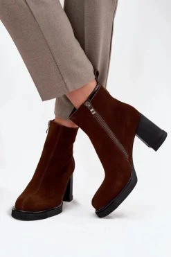 Botki Ocieplane|Botki Skórzane>Buty damskie Vinceza Botki Damskie Z Naturalnego Zamszu Na Słupku Ocieplane Vinceza 91141 Brązowe