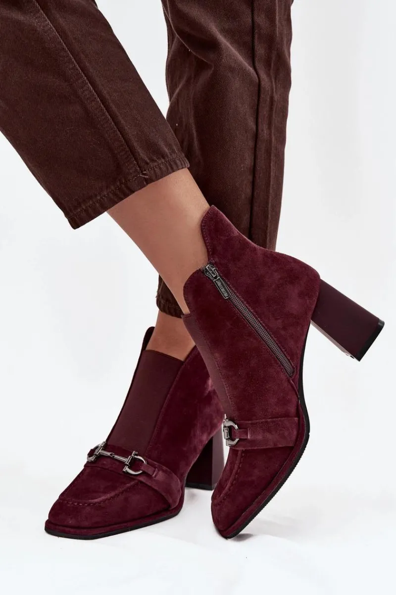 Botki Skórzane|Botki Na Słupku>Artiker Botki Damskie Z Naturalnego Zamszu Na Słupku 57C0222 Bordowe Czerwony