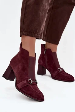 Botki Skórzane|Botki Na Słupku>Artiker Botki Damskie Z Naturalnego Zamszu Na Słupku 57C0222 Bordowe Czerwony