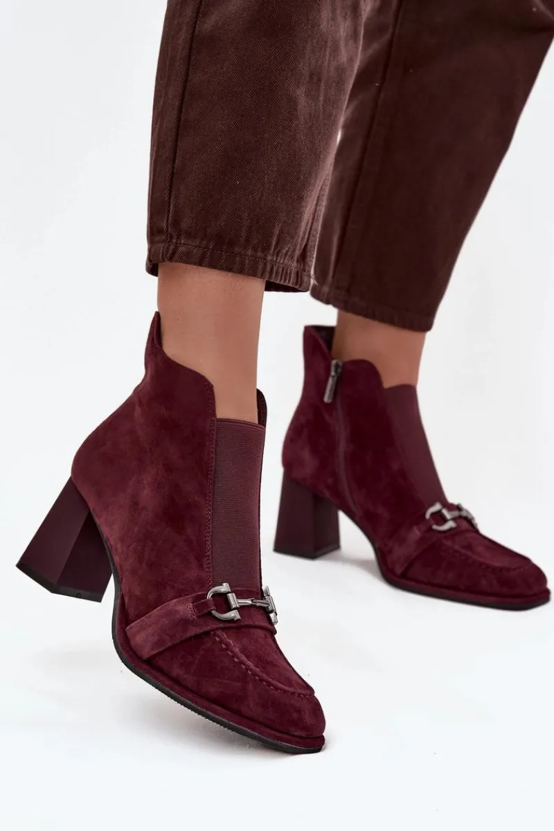 Botki Skórzane|Botki Na Słupku>Artiker Botki Damskie Z Naturalnego Zamszu Na Słupku 57C0222 Bordowe Czerwony