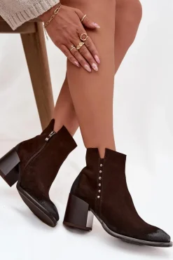 Sale Zazoo Botki Damskie Z Naturalnego Zamszu Na Słupku 1136 Czekoladowe