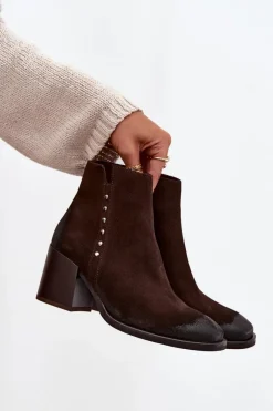 Sale Zazoo Botki Damskie Z Naturalnego Zamszu Na Słupku 1136 Czekoladowe