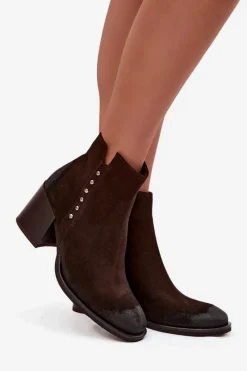 Sale Zazoo Botki Damskie Z Naturalnego Zamszu Na Słupku 1136 Czekoladowe