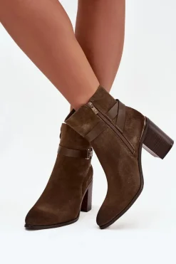 Hot Buty Sergio Leone Botki Damskie Z Naturalnego Zamszu Na Słupku Ocieplane Sergio Leone BT25384-S Khaki Zielony