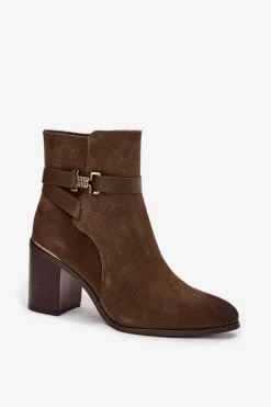 Hot Buty Sergio Leone Botki Damskie Z Naturalnego Zamszu Na Słupku Ocieplane Sergio Leone BT25384-S Khaki Zielony