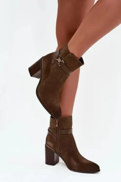 Hot Buty Sergio Leone Botki Damskie Z Naturalnego Zamszu Na Słupku Ocieplane Sergio Leone BT25384-S Khaki Zielony