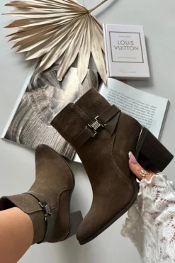 Hot Buty Sergio Leone Botki Damskie Z Naturalnego Zamszu Na Słupku Ocieplane Sergio Leone BT25384-S Khaki Zielony