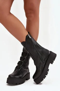 Hot Botki Damskie Z Naturalnej Skóry Na Platformie 3795 Czarne Damskie Brązowe I Beżowe Botki|Botki Płaskie