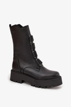 Hot Botki Damskie Z Naturalnej Skóry Na Platformie 3795 Czarne Damskie Brązowe I Beżowe Botki|Botki Płaskie