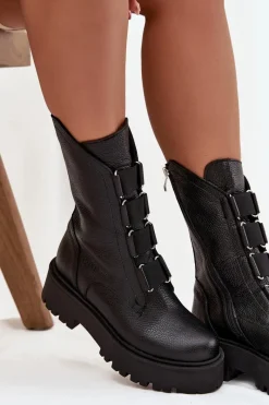 Hot Botki Damskie Z Naturalnej Skóry Na Platformie 3795 Czarne Damskie Brązowe I Beżowe Botki|Botki Płaskie