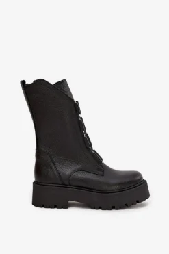 Hot Botki Damskie Z Naturalnej Skóry Na Platformie 3795 Czarne Damskie Brązowe I Beżowe Botki|Botki Płaskie