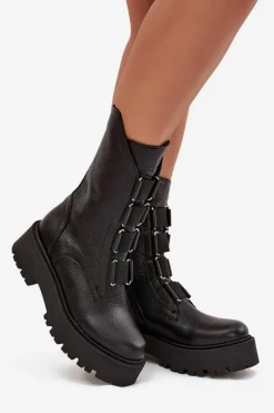 Hot Botki Damskie Z Naturalnej Skóry Na Platformie 3795 Czarne Damskie Brązowe I Beżowe Botki|Botki Płaskie