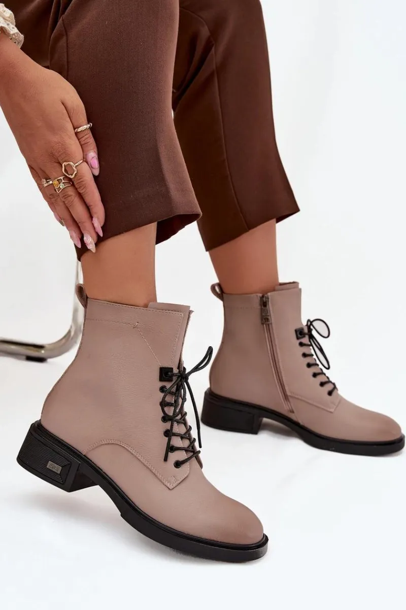 Botki Ocieplane|Botki Sznurowane>Buty damskie Vinceza Botki Damskie Z Naturalnej Skóry Na Niskim Obcasie Ocieplane Vinceza 39955 Beżowe Beżowy