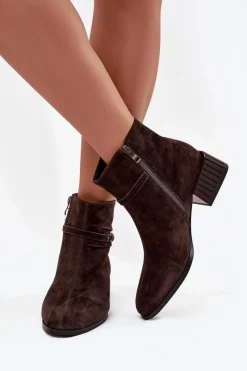 Best Botki Damskie Z Naturalnego Zamszu Na Klocku Ocieplane CR52-651 Czekoladowe Damskie Botki Ocieplane|Botki Skórzane