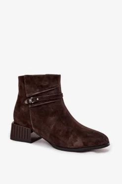 Best Botki Damskie Z Naturalnego Zamszu Na Klocku Ocieplane CR52-651 Czekoladowe Damskie Botki Ocieplane|Botki Skórzane