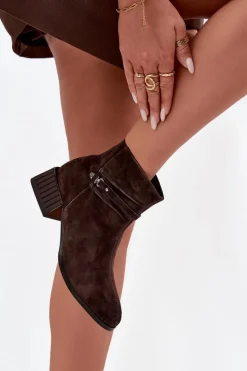 Best Botki Damskie Z Naturalnego Zamszu Na Klocku Ocieplane CR52-651 Czekoladowe Damskie Botki Ocieplane|Botki Skórzane