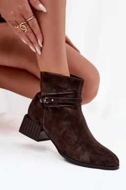 Best Botki Damskie Z Naturalnego Zamszu Na Klocku Ocieplane CR52-651 Czekoladowe Damskie Botki Ocieplane|Botki Skórzane