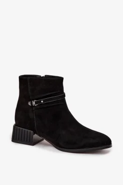 D&A Botki Damskie Z Naturalnego Zamszu Na Klocku Ocieplane CR52-651 Czarne Czarny