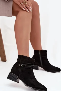 D&A Botki Damskie Z Naturalnego Zamszu Na Klocku Ocieplane CR52-651 Czarne Czarny