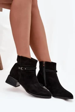 D&A Botki Damskie Z Naturalnego Zamszu Na Klocku Ocieplane CR52-651 Czarne Czarny