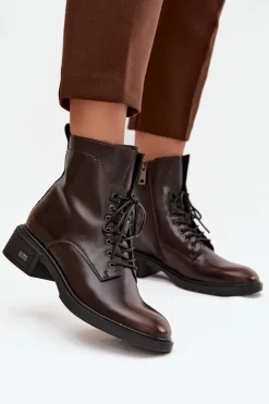 Sale Botki Damskie Z Naturalnej Skóry Na Niskim Obcasie Ocieplane Vinceza 39955 Czekoladowe Damskie Botki Ocieplane|Botki Sznurowane
