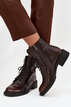 Sale Botki Damskie Z Naturalnej Skóry Na Niskim Obcasie Ocieplane Vinceza 39955 Czekoladowe Damskie Botki Ocieplane|Botki Sznurowane