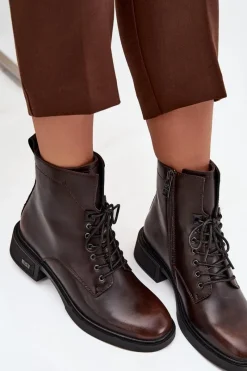 Sale Botki Damskie Z Naturalnej Skóry Na Niskim Obcasie Ocieplane Vinceza 39955 Czekoladowe Damskie Botki Ocieplane|Botki Sznurowane