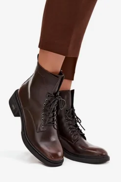 Sale Botki Damskie Z Naturalnej Skóry Na Niskim Obcasie Ocieplane Vinceza 39955 Czekoladowe Damskie Botki Ocieplane|Botki Sznurowane