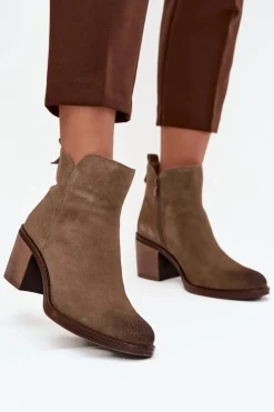 Outlet Buty Sergio Leone Botki Damskie Z Naturalnego Zamsz Na Słupku Ocieplane Sergio Leone BT25321-S Khaki